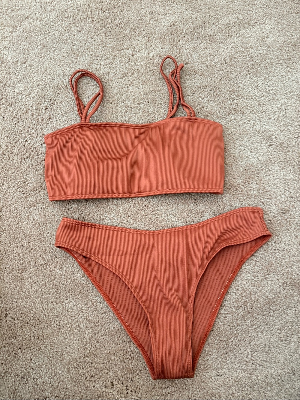 Rust Ribbed Bandeau Bikini Set - Women Swim